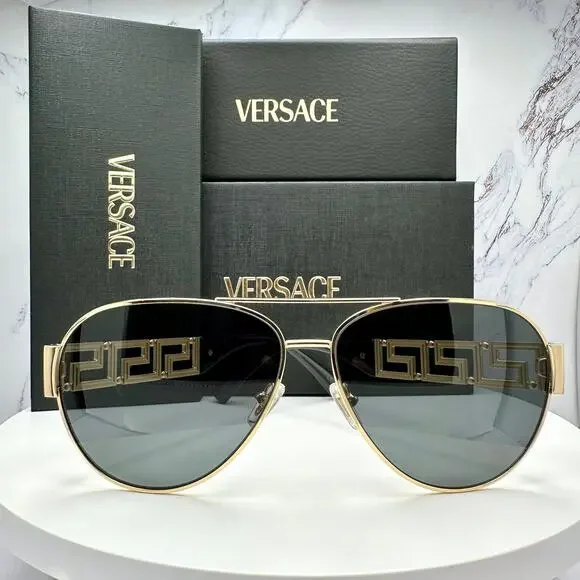 New VERSACE Sunglasses Gold Aviator Pilot Metal Greca Logo Black